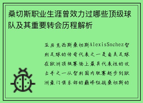 桑切斯职业生涯曾效力过哪些顶级球队及其重要转会历程解析 桑切斯职业生涯曾效力过哪些顶级球队及其重要转会历程解析