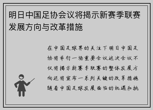 明日中国足协会议将揭示新赛季联赛发展方向与改革措施