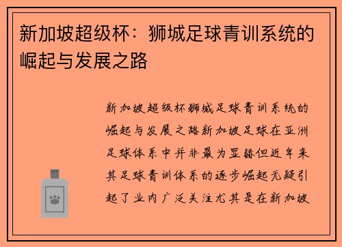 新加坡超级杯：狮城足球青训系统的崛起与发展之路
